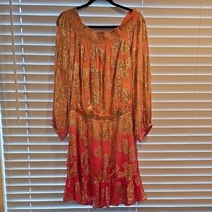 Boston Proper Vibrant Orange and Gold Long Sleeve Dress